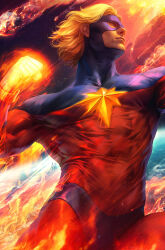 1boy abs artist_name biceps blonde_hair blue_bodysuit blue_mask blurry blurry_background bodysuit bracelet burning captain_marvel clenched_hand closed_mouth commentary covered_abs earth_(planet) english_commentary fire flaming_hand hand_up highres jewelry light_particles looking_to_the_side male_focus mar-vell marvel mask meteor multicolored_bodysuit multicolored_clothes muscular muscular_male official_art pectorals planet raised_fist red_bodysuit short_hair signature sky solo space stanley_lau star_(sky) star_(symbol) starry_sky superhero_costume textless_version