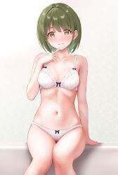 Rule 34 | 1girl, absurdres, arm support, bare legs, blush, bra, breasts, ca paria, collarbone, feet out of frame, green eyes, green hair, highres, idolmaster, idolmaster shiny colors, light smile, looking at viewer, nanakusa nichika, navel, panties, short hair, sitting, small breasts, solo, stomach, underwear, underwear only, white bra, white panties