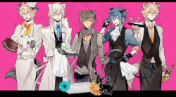 Rule 34 | 5boys, :d, ;d, ahoge, aijima cecil, animal ears, animal hands, apron, aqua flower, ascot, basket, belt pouch, bespectacled, black apron, black pants, black vest, blonde hair, blouse, blue eyes, blue hair, blue ribbon, blue shirt, bottle, bowl, brown hair, cake, camus (uta no prince-sama), cat ears, cat tail, chef, chef hat, chest tattoo, chocolate cake, coat, cocktail glass, collared shirt, cowboy shot, crown (symbol), cup, dark-skinned male, dark skin, drinking glass, drinking straw, fake animal ears, fingerless gloves, flower, food, gerbera, glasses, gloves, green eyes, grey eyes, grey scarf, grey shirt, hair between eyes, hand on own hip, hand up, hat, holding, holding basket, holding plate, holding tray, ichinose tokiya, jewelry, letterboxed, lineup, looking at viewer, male focus, medium hair, multiple boys, neck ribbon, neckerchief, necklace, necktie, one eye closed, open collar, open mouth, oroku, pants, pastry bag, paw gloves, pink background, plate, pouch, purple pants, ribbon, salute, scarf, scowl, shinomiya natsuki (uta no prince-sama), shinomiya satsuki, shirt, short hair, smile, star (symbol), tail, tattoo, teeth, tilted headwear, towel, tray, two-finger salute, upper teeth only, uta no prince-sama, vest, waist apron, waiter, white apron, white coat, white hair, white shirt, wine bottle, wolf ears, wolf tail, yellow flower, yellow neckerchief, yellow necktie