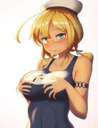 Rule 34 | 1girl, armlet, blonde hair, blue eyes, blush, breasts, collarbone, hands on own chest, hat, i-8 (kancolle), kantai collection, large breasts, lips, low twintails, maku ro, name tag, one-piece swimsuit, peaked cap, red-framed eyewear, sailor hat, school swimsuit, semi-rimless eyewear, simple background, solo, swimsuit, twintails, under-rim eyewear, upper body, white background