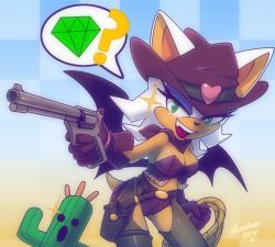 Rule 34 | 1girl, alternate costume, bat wings, belt, breasts, chaps, cleavage, covered erect nipples, cowboy, cowboy hat, final fantasy, furry, furry female, gloves, green eyes, gun, handgun, hat, holster, nancher, neckerchief, rope, rouge the bat, sabotender, short shorts, shorts, sonic (series), thigh holster, weapon, cowboy western, wings