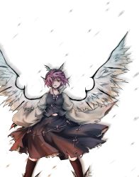 Rule 34 | 1girl, bad id, bad pixiv id, claws, crost, female focus, hair over one eye, mystia lorelei, pink hair, red eyes, skirt, solo, spread legs, standing, touhou, white background, wind, wings