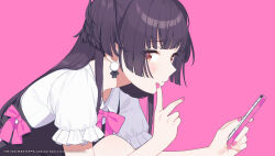 Rule 34 | 1girl, black hair, blunt bangs, blush, bow, bowtie, brown eyes, cellphone, company name, copyright notice, earrings, finger to mouth, highres, holding, holding phone, idolmaster, idolmaster shiny colors, jewelry, long hair, looking at viewer, looking to the side, mayuzumi fuyuko, phone, pink background, pink bow, pink bowtie, pink nails, shigure ui, shirt, short sleeves, smartphone, solo, two side up, upper body, v, white shirt