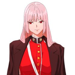 Rule 34 | 1girl, black coat, breasts, chela77, coat, coat on shoulders, fate/grand order, fate (series), florence nightingale (fate), gloves, highres, large breasts, long hair, looking away, military, military uniform, pink hair, red eyes, solo, uniform, upper body