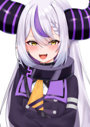 Rule 34 | 1girl, absurdres, black collar, braid, braided bangs, coat, collar, crossed arms, demon horns, fangs, grey hair, highres, hololive, horns, la+ darknesss, long hair, match (scp115), metal collar, multicolored hair, necktie, open mouth, pointy ears, purple coat, solo, streaked hair, striped horns, upper body, virtual youtuber, yellow eyes, yellow necktie
