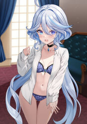 Rule 34 | 1girl, blue hair, bra, breasts, cleavage, furina (genshin impact), genshin impact, harimoji, light blue hair, long hair, looking at viewer, medium breasts, open clothes, open mouth, open shirt, small breasts, solo, standing, underwear