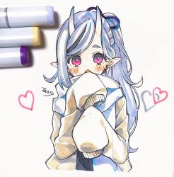 Rule 34 | 1girl, :o, art tools in frame, black hair, blue hair, brown cardigan, cardigan, commentary request, fang, grey background, hair ribbon, hands up, heart, highres, horns, long hair, long sleeves, looking at viewer, multicolored hair, nijisanji, oni, open mouth, photo (medium), pointy ears, purple eyes, purple ribbon, ribbon, rindou mikoto, scarf, skin-covered horns, sleeves past fingers, sleeves past wrists, sofra, solo, streaked hair, swept bangs, thick eyebrows, traditional media, upper body, very long hair, virtual youtuber, white scarf