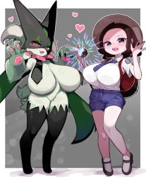 Rule 34 | backpack, bag, breasts, brown hair, claws, creatures (company), furry, furry female, game freak, hat, highres, huge breasts, juliana (pokemon), looking at viewer, mato tsuyoi, meowscarada, nintendo, oppai loli, pokemon, pokemon (creature), pokemon sv, school uniform, short shorts, shorts, shortstack, smile, standing, uva academy school uniform