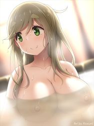 Rule 34 | 1girl, arisu kazumi, artist name, bathing, blurry, blurry background, blush, breasts, brown hair, collarbone, commentary request, completely nude, depth of field, dutch angle, fang, fang out, green eyes, inuyama aoi, large breasts, long hair, looking to the side, nipples, nude, onsen, partially submerged, skin fang, smile, solo, thick eyebrows, upper body, wet, wet hair, yurucamp