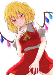 Rule 34 | 1girl, ascot, blonde hair, blush, breasts, commentary request, cowboy shot, crystal, fang, fang out, flandre scarlet, frilled shirt collar, frills, hair between eyes, hand up, highres, index finger raised, looking at viewer, mukkushi, no headwear, one side up, puffy short sleeves, puffy sleeves, red eyes, red skirt, red vest, shirt, short hair, short sleeves, simple background, skirt, skirt set, small breasts, smile, solo, touhou, vest, white background, white shirt, wings, yellow ascot