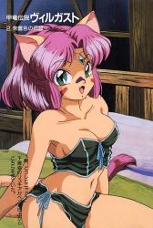 Rule 34 | 1990s (style), 1girl, animal ears, aqua eyes, bare shoulders, breasts, bustier, cat ears, cat tail, cleavage, collarbone, facial hair, fangs, jewelry, kouryuu densetsu villgust, medium breasts, navel, official art, on bed, open mouth, retro artstyle, ryuquir (villgust), sitting, solo, tail