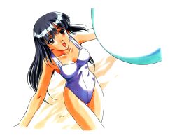 Rule 34 | 1990s (style), 1girl, armpits, ayasaki wakana, ball, beach, beachball, black hair, breasts, brown eyes, casual one-piece swimsuit, cleavage, collarbone, cowboy shot, day, dutch angle, from above, hair between eyes, happy, hip focus, kai tomohisa, long hair, looking at viewer, looking up, medium breasts, non-web source, official art, one-piece swimsuit, open mouth, outdoors, outstretched arms, painting (medium), photoshop (medium), retro artstyle, sentimental graffiti, smile, solo, spread arms, standing, straight hair, swimsuit, thigh gap, traditional media, watercolor (medium), white one-piece swimsuit