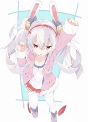 Rule 34 | 1girl, animal ears, arm up, azur lane, breasts, cleavage, collarbone, fake animal ears, hair between eyes, headband, jacket, laffey (azur lane), light purple hair, long hair, looking at viewer, open mouth, rabbit ears, red eyes, small breasts, solo, standing, standing on one leg, tantan men (dragon), thighhighs, twintails, white thighhighs