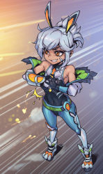 Rule 34 | animal ears, bare shoulders, battle bunny prime riven, belt, black leotard, brown eyes, clenched hand, collarbone, commentary, covered navel, fake animal ears, full body, gloves, grey hair, grey leotard, grin, league of legends, leotard, long sleeves, medium hair, necktie, off shoulder, official alternate costume, pants, phantom ix row, ponytail, riven (league of legends), shoes, smile, symbol-only commentary, teeth
