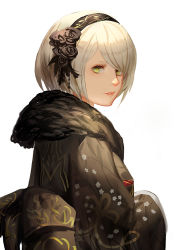 Rule 34 | 1girl, alternate costume, black flower, black hairband, black rose, breasts, eyelashes, floral print, flower, from side, fur, green eyes, hair flower, hair ornament, hairband, japanese clothes, kimono, long sleeves, looking at viewer, nier:automata, nier (series), no blindfold, nose, obi, parted lips, pink lips, rose, sash, short hair, silver hair, simple background, solo, stellarien, swept bangs, teeth, upper body, white background, wide sleeves, 2b (nier:automata)
