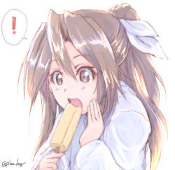 Rule 34 | !, 1girl, alternate costume, brown eyes, brown hair, chicken99, commentary request, eating, food, hand on own face, high ponytail, highres, kantai collection, long hair, omelet, open mouth, simple background, solo, spoken exclamation mark, stick, sweater, tamagoyaki, twitter username, upper body, white background, white sweater, zuihou (kancolle)