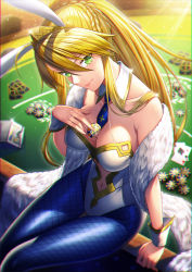 Rule 34 | 1girl, ahoge, animal ears, artoria pendragon (all), artoria pendragon (fate), artoria pendragon (swimsuit ruler) (fate), bare shoulders, blonde hair, blue pantyhose, breasts, casino card table, cleavage, detached collar, fake animal ears, fate/grand order, fate (series), glint, green eyes, hair between eyes, head tilt, holding, large breasts, leotard, long hair, looking at viewer, necktie, pantyhose, playboy bunny, poker chip, ponytail, rabbit ears, sidelocks, smile, solo, table, unowen, white leotard, wrist cuffs