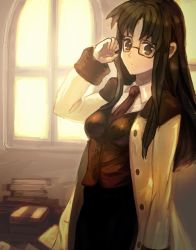 Rule 34 | 00s, 1girl, adjusting eyewear, arm at side, backlighting, black skirt, blush, book, book stack, brown eyes, brown hair, brown vest, buttons, closed mouth, collared shirt, cowboy shot, emi (emi43), glasses, indoors, long hair, long sleeves, looking at viewer, read or die, shirt, skirt, solo, standing, unbuttoned, vest, white shirt, window, wing collar, yomiko readman