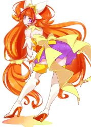Rule 34 | 1girl, absurdres, amanogawa kirara, boots, bow, brown hair, cure twinkle, earrings, full body, gloves, go! princess precure, highres, jewelry, leaning forward, long hair, looking back, low-tied long hair, magical girl, md5 mismatch, multicolored hair, precure, purple eyes, purple skirt, quad tails, red hair, skirt, solo, standing, star (symbol), star earrings, streaked hair, thigh boots, thighhighs, twintails, two-tone hair, very long hair, white background, white footwear, white gloves, white thighhighs, yellow bow, yupiteru