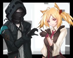 Rule 34 | 1girl, 1other, ahoge, animal ear fluff, animal ears, arknights, black border, black coat, black gloves, black vest, border, closed mouth, coat, collared shirt, doctor (arknights), gloves, hair ornament, heart hands failure, highres, kava, long sleeves, looking at viewer, mask, necktie, open clothes, open coat, outside border, pink necktie, red eyes, shirt, short hair, short twintails, smile, sora (arknights), thumbs up, twintails, upper body, vest, white background, white shirt, wolf ears