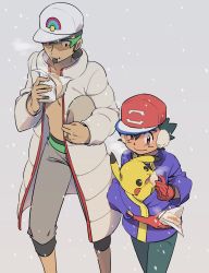Rule 34 | 2boys, ameiro pk, animal, animal in clothes, ash ketchum, baseball cap, breath, brown eyes, capri pants, closed mouth, coat, cold, collarbone, commentary, creatures (company), eating, facial hair, feeding, game freak, gen 1 pokemon, gloves, goatee, grey pants, hair between eyes, hand up, hat, highres, holding, kukui (pokemon), male focus, multiple boys, nintendo, open clothes, open coat, pants, pikachu, pokemon, pokemon (anime), pokemon (creature), pokemon sm (anime), red gloves, short hair, smile, sunglasses, white headwear
