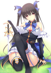 Rule 34 | 10s, 1girl, alternate breast size, bad id, bad pixiv id, bare shoulders, black hair, black thighhighs, blunt bangs, breasts, cleavage, daiaru, detached collar, detached sleeves, dress, female focus, field, garter straps, grass, head tilt, holding, holding sword, holding weapon, knee up, large breasts, legs, long hair, looking at viewer, neptune (series), noire (neptunia), plant, red eyes, simple background, sitting, smile, solo, sword, thighhighs, twintails, very long hair, weapon, white background