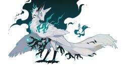 Rule 34 | animal ears, animal focus, bird wings, blue eyes, body fur, claws, energy, extra eyes, feathered wings, from side, full body, highres, looking at viewer, microw, monster, multiple legs, multiple wings, no humans, original, signature, simple background, solo, standing, tail, talons, wavy mouth, white background, white fur, wings