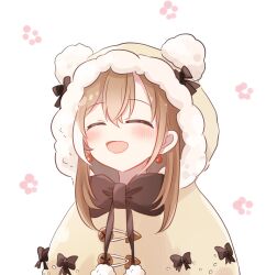 Rule 34 | 1girl, :d, absurdres, animal hood, bear hood, berry, blush, brown capelet, brown hair, capelet, closed eyes, crossed bangs, earrings, flower (symbol), food-themed earrings, highres, hololive, hololive english, hood, ichita (ppppponpoko1), jewelry, long hair, multicolored hair, nanashi mumei, official alternate costume, open mouth, pom pom (clothes), ribbon, smile, streaked hair, virtual youtuber