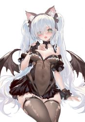 Rule 34 | 1girl, absurdres, alternate costume, azur lane, blue eyes, collarbone, commentary request, highres, horz, janus (azur lane), janus (fright-night scaredy-cat) (azur lane), long hair, looking at viewer, navel, open mouth, simple background, sitting, solo, thighhighs, tongue, tongue out, twintails, white background, white hair, wings, zettai ryouiki