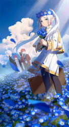 Rule 34 | 1boy, 2girls, absurdres, axe, bandaged arm, bandages, battle axe, black pants, black pantyhose, black robe, black shirt, blank stare, blue eyes, blue flower, blue sky, blue theme, blunt bangs, capelet, closed mouth, cloud, cloudy sky, collared cape, collared dress, collared jacket, collared shirt, cumulonimbus cloud, day, dress, earrings, elf, expressionless, fern (sousou no frieren), field, floating hair, flower, flower field, flower wreath, frieren, hands up, head wreath, highres, holding, holding flower, jacket, jewelry, long hair, looking at another, multiple girls, nemophila (flower), open mouth, outdoors, own hands clasped, own hands together, pants, pantyhose, parted bangs, petals, pointy ears, purple eyes, purple hair, red eyes, red hair, red jacket, robe, shirt, short hair, shouting, sidelocks, sky, sleeves rolled up, sousou no frieren, standing, stark (sousou no frieren), straight hair, striped clothes, striped shirt, suitcase, twintails, weapon, white capelet, white dress, white hair, wind, wind lift, xiu kukkii