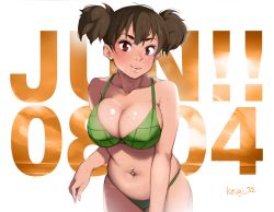 Rule 34 | 1girl, alternate breast size, bikini, blush, breasts, brown hair, character name, cleavage, collarbone, commentary, cowboy shot, curvy, earrings, english commentary, fingernails, green bikini, jewelry, k-on!, keigi, large breasts, lips, mole, mole on arm, mole on breast, mole on leg, mole on stomach, muffin top, multiple moles, nail polish, navel, navel piercing, aged up, piercing, red eyes, short hair, solo, standing, steaming body, strap gap, suzuki jun, sweat, swimsuit, tan, thick eyebrows, two side up