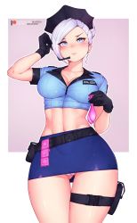 Rule 34 | 1girl, absurdres, blue eyes, bluefield, breasts, cameltoe, cleavage, cleft of venus, condom, condom packet strip, condom wrapper, female focus, female service cap, hat, highres, large breasts, medium breasts, midriff, navel, panties, pencil skirt, police, police hat, police uniform, policewoman, rwby, shiny skin, skirt, solo, standing, thighs, underwear, uniform, used condom, white hair, white panties, winter schnee