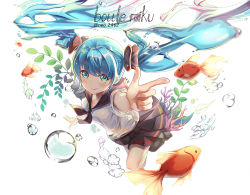 Rule 34 | 1girl, artist name, bad id, bad pixiv id, black bow, black skirt, blue eyes, blue hair, blush, bottle miku, bow, character name, dampi, fish, floating hair, goldfish, hair between eyes, hair bow, hatsune miku, index finger raised, liquid hair, long hair, looking at viewer, miniskirt, outstretched arm, pleated skirt, shirt, short sleeves, simple background, skirt, smile, solo, twintails, very long hair, vocaloid, white background, white shirt
