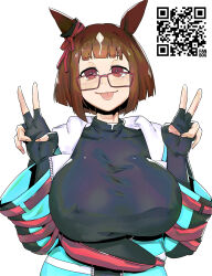 Rule 34 | 1girl, absurdres, animal ears, black sweater, blue jacket, breasts, brown hair, closed mouth, commentary request, double v, ear ornament, glasses, highres, horse ears, horse girl, jacket, jacket partially removed, large breasts, long sleeves, minew, multicolored clothes, multicolored hair, multicolored jacket, qr code, red-framed eyewear, red eyes, short hair, simple background, smile, solo, streaked hair, sweater, tongue, tongue out, transcend (umamusume), umamusume, v, white background, white hair