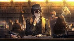Rule 34 | 1boy, 2girls, 5others, anger vein, bags under eyes, black-framed eyewear, black eyes, black hair, black robe, book, brown hair, closed mouth, game cg, glasses, highres, holding, holding book, holding paper, holding pen, indoors, jewelry, library, limbus company, long hair, long sleeves, male focus, multiple girls, multiple others, nai ga, official art, paper, pen, pendant, project moon, reading, robe, rodion (project moon), short hair, sitting, solo focus, yi sang (project moon)