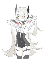 Rule 34 | 1girl, black gloves, black skirt, black thighhighs, blush, closed mouth, cropped jacket, elsword, eve (elsword), gloves, high-waist skirt, horns, jacket, looking at viewer, neckerchief, nishiirei9522, simple background, skirt, solo, thigh strap, thighhighs, white background, white jacket, white neckerchief, yellow eyes