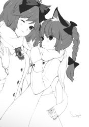 2girls alternate_costume animal_ears blush braid cat_ears cat_girl female_focus gin_fragrans gloves greyscale jacket kaenbyou_rin light_smile long_hair monochrome multiple_girls one_eye_closed reiuji_utsuho scarf shared_clothes shared_scarf simple_background touhou twin_braids wink