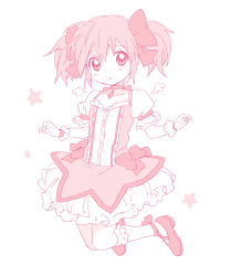 Rule 34 | 10s, 1girl, :o, angel wings, blush, bow, choker, frills, gloves, hair bow, kaname madoka, magical girl, mahou shoujo madoka magica, mahou shoujo madoka magica (anime), mini angel wings, mini wings, monochrome, namori, pink eyes, pink hair, pink theme, puffy sleeves, shoes, solo, twintails, wings