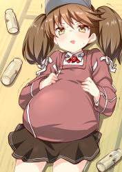 Rule 34 | &gt;:d, 10s, 1girl, :d, absurdres, artist name, belly, bottle, brown eyes, brown hair, brown skirt, highres, inflation, japanese clothes, kantai collection, kariginu, long sleeves, lying, milk bottle, open mouth, pleated skirt, revision, ryuki (ryukisukune), ryuujou (kancolle), skirt, smile, solo, trembling, twintails, v-shaped eyebrows, visor cap