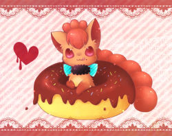 Rule 34 | :3, :q, closed mouth, creatures (company), diagonal stripes, doughnut, closed eyes, food, fur collar, game freak, gen 1 pokemon, heart, icing, lace, letterboxed, looking at viewer, multiple tails, nintendo, pink eyes, pokemon, pokemon (creature), striped, striped background, tail, ten&#039;on (amane09), tongue, tongue out, vulpix