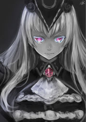 Rule 34 | 1girl, ascot, ashputtel, black background, breasts, crying, dark, doraeshi, eyelashes, female focus, gem, glowing, glowing eyes, hat, highres, jewelry, large breasts, long hair, looking at viewer, monochrome, purple eyes, sad, serious, signature, silver hair, simple background, solo, spot color, tears, upper body, wonderland wars