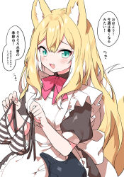 Rule 34 | 1girl, animal ear fluff, animal ears, apron, bikini, black dress, blonde hair, bow, bowtie, colored inner hair, commentary, cowboy shot, double-parted bangs, dress, fang, fox ears, fox girl, fox tail, fuwafuwa-chan (kamiyoshi rika), green eyes, highres, holding, holding clothes, holding swimsuit, kamiyoshi rika, light blush, long hair, maid, maid apron, multicolored hair, one-piece swimsuit, open mouth, original, puffy short sleeves, puffy sleeves, red bow, red bowtie, short sleeves, simple background, smile, solo, striped bikini, striped clothes, swimsuit, tail, translation request, unworn bikini top, unworn swimsuit, wavy hair, white background, white bow