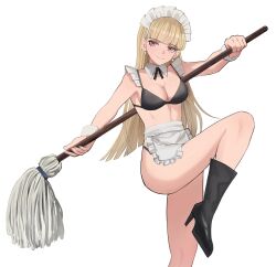Rule 34 | 1girl, apron, bikini, black bikini, black footwear, blonde hair, boots, closed mouth, collar, commentary, detached collar, earrings, english commentary, feet out of frame, frilled apron, frills, half-closed eyes, high heel boots, high heels, highres, holding, holding mop, jewelry, jourd4n, long hair, maid headdress, mop, original, pink eyes, simple background, smile, solo, standing, standing on one leg, swimsuit, very long hair, waist apron, white apron, white background, white collar, wing collar, wrist cuffs