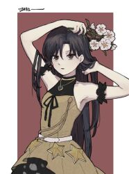 Rule 34 | 1girl, 8 8ghost, adjusting hair, arm above head, armband, armpits, bare shoulders, belt, black armband, blue hair, border, bouquet, breasts, brown dress, collarbone, cowboy shot, dress, expressionless, eyelashes, flower, frilled armband, frills, heart, heart necklace, highres, holding, holding bouquet, idolmaster, idolmaster (classic), idolmaster million live!, idolmaster million live! theater days, jewelry, kisaragi chihaya, long hair, necklace, parted lips, red background, red eyes, sleeveless, sleeveless dress, small breasts, solo, star (symbol), straight hair, swept bangs, very long hair, white belt, white border