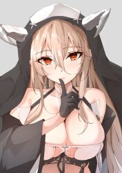 Rule 34 | 1girl, absurdres, azur lane, bare shoulders, between breasts, black dress, black gloves, blonde hair, blush, breasts, cleavage, closed mouth, collarbone, cross, crossed bangs, detached collar, detached sleeves, dress, finger to mouth, gloves, grey background, habit, hair between eyes, half gloves, hand up, highres, horns, implacable (azur lane), index finger raised, large breasts, lips, long hair, long sleeves, looking at viewer, nun, official alternate costume, red eyes, revealing clothes, ryou (ryo 217cafe), shushing, sidelocks, simple background, smile, upper body, veil, very long hair, wide sleeves