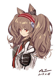 Rule 34 | 1girl, absurdres, angelina (arknights), animal ears, arknights, black gloves, brown hair, dated, earpiece, fox ears, fox girl, gloves, grey shirt, hairband, highres, index finger raised, jacket, jiusan naitang, long hair, looking at viewer, open clothes, open jacket, pointing, pointing at viewer, red eyes, red hairband, shirt, simple background, smile, solo, striped clothes, striped hairband, twintails, two-tone gloves, upper body, v-shaped eyebrows, white background, white gloves, white jacket