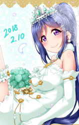 Rule 34 | 1girl, bare shoulders, blue hair, blush, bouquet, closed mouth, crown, dated, dress, earrings, elbow gloves, feathers, flower, from side, gloves, green dress, green flower, green gloves, green rose, jewelry, long hair, looking at viewer, looking to the side, love live!, love live! sunshine!!, matsuura kanan, ponytail, purple eyes, reclining, rose, smile, solo, veil, very long hair, yopparai oni