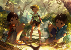Rule 34 | 3boys, artist name, blurry, brown hair, bug, butterfly, butterfly net, depth of field, food, forest, hand net, hood, hoodie, bug, looking at viewer, male focus, multiple boys, nature, noeyebrow (mauve), onigiri, open mouth, original, outdoors, shorts, sitting, sparkling eyes, stag beetle, standing