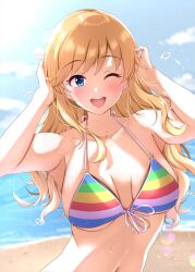 Rule 34 | 1girl, :d, armpits, arms up, bare shoulders, beach, bikini, blonde hair, blue eyes, blue sky, blurry, blurry background, blush, breasts, breasts apart, cloud, collarbone, day, dot nose, front-tie bikini top, front-tie top, highres, idolmaster, idolmaster cinderella girls, idolmaster cinderella girls starlight stage, large breasts, lens flare, long hair, looking at viewer, multicolored bikini, multicolored clothes, multicolored stripes, namidako, navel, o-ring, o-ring bikini, ocean, ohtsuki yui, one eye closed, open mouth, outdoors, rainbow bikini, sky, smile, solo, splashing, striped bikini, striped clothes, sunlight, swimsuit, teeth, upper body, upper teeth only, wavy hair, wet