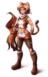 Rule 34 | &gt;:3, 1girl, :3, animal ears, belt, black hair, boots, cat ears, cat tail, fighting stance, fingerless gloves, gloves, highres, kotora (mazume), mazume, multicolored hair, navel, orange eyes, orange hair, original, scarf, short hair, shorts, solo, tail, tank top, thighhighs, tiger ears, tiger tail, torn clothes, torn thighhighs, v-shaped eyebrows, white hair